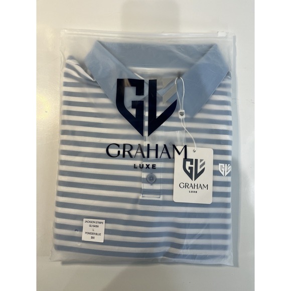 Graham Luxe Golf Polo Shirt Mens Sz L Performance‎ NEW Blue Striped Casual - Picture 3 of 7